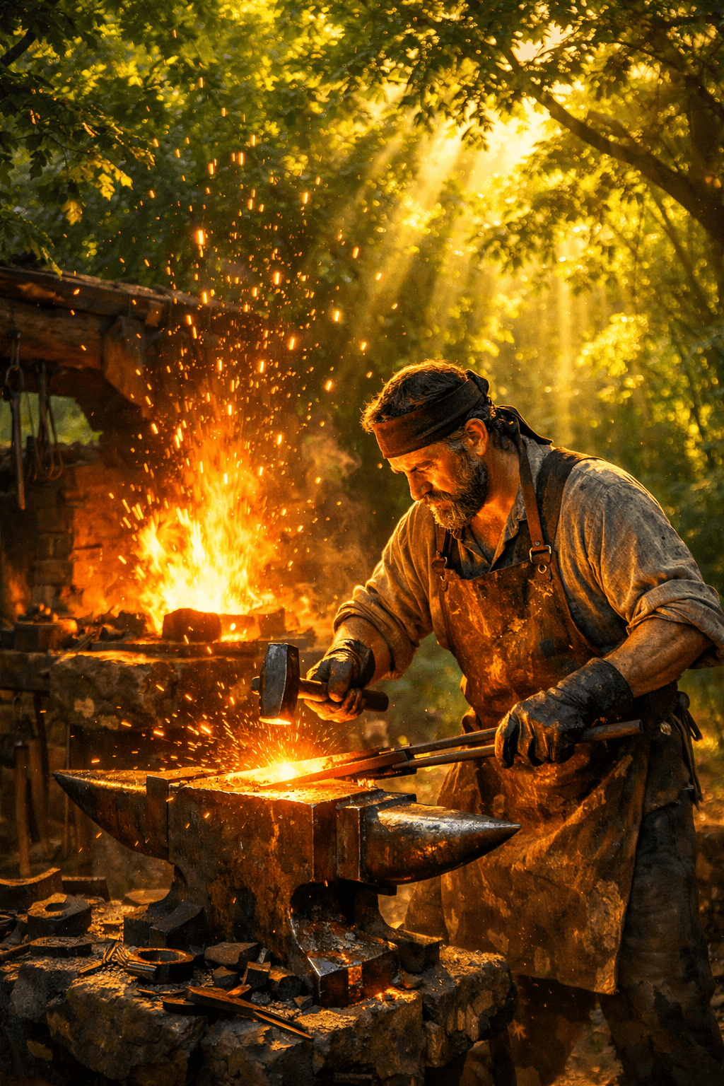 A master craftsman's forge, hands shaping something luminous with precision