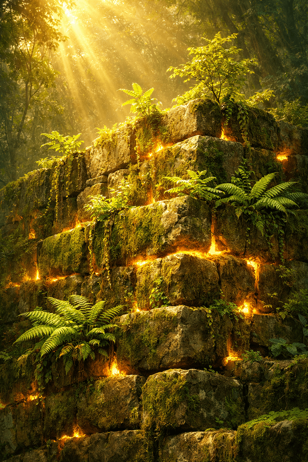 A massive ancient foundation being laid, glowing with internal light