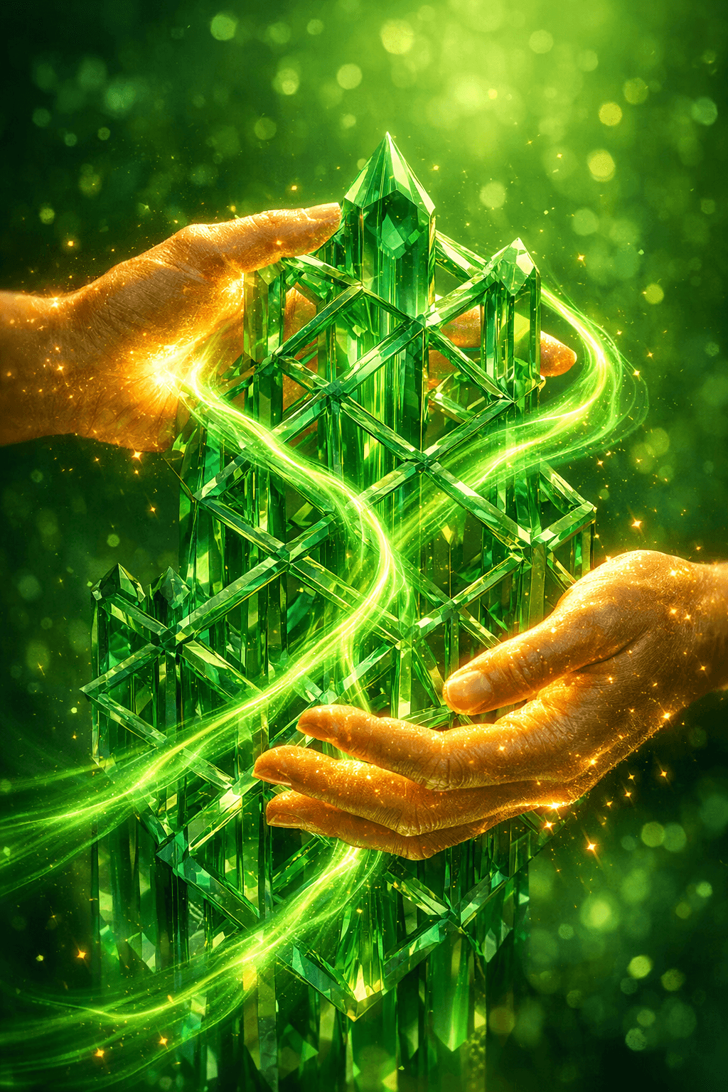 Hands of light guiding streams of energy through a structured lattice