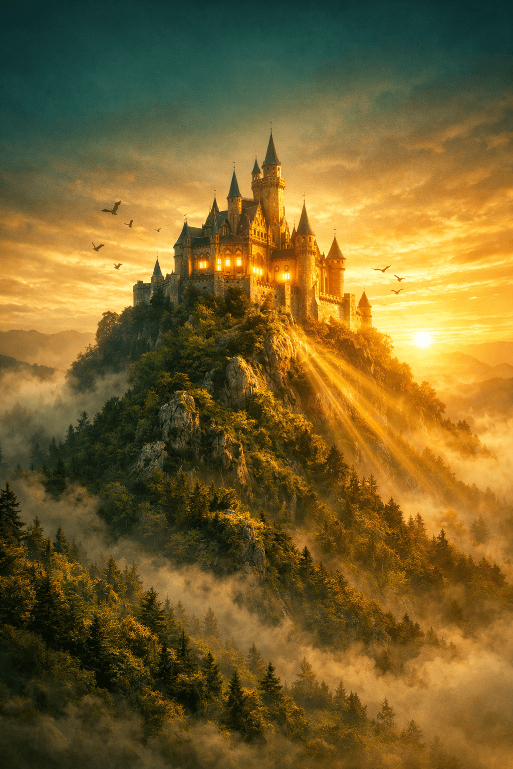 A lone fortress on a mountain peak radiating golden light outward