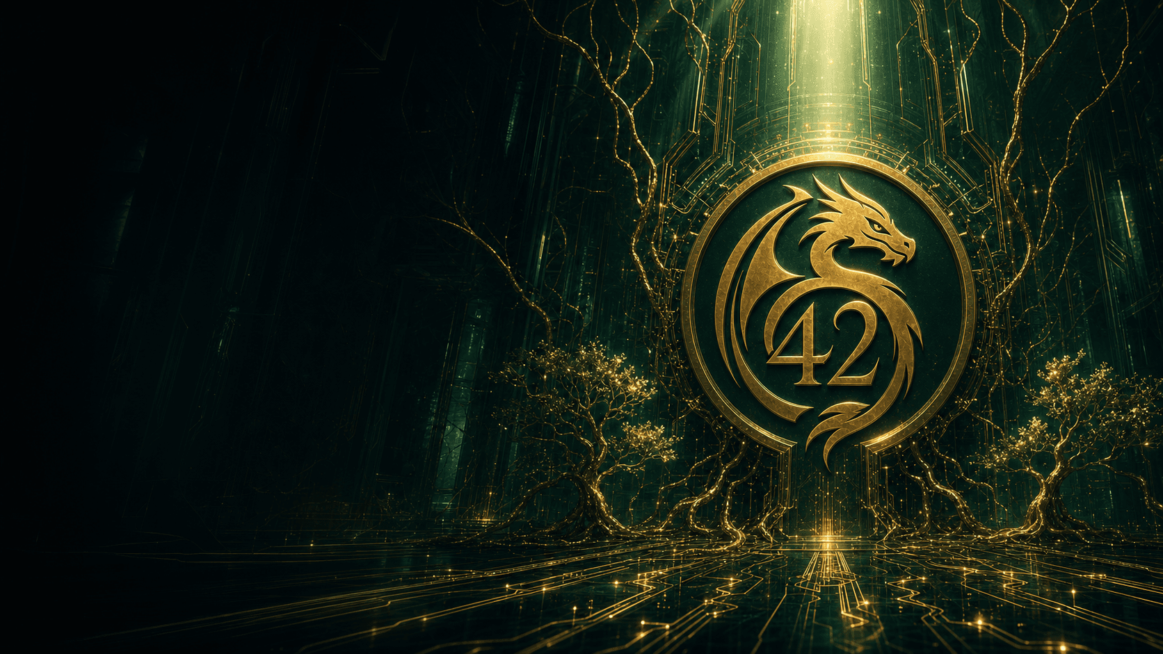 Netminder42 founder seal at the center of a cathedral of green and gold biomachinery