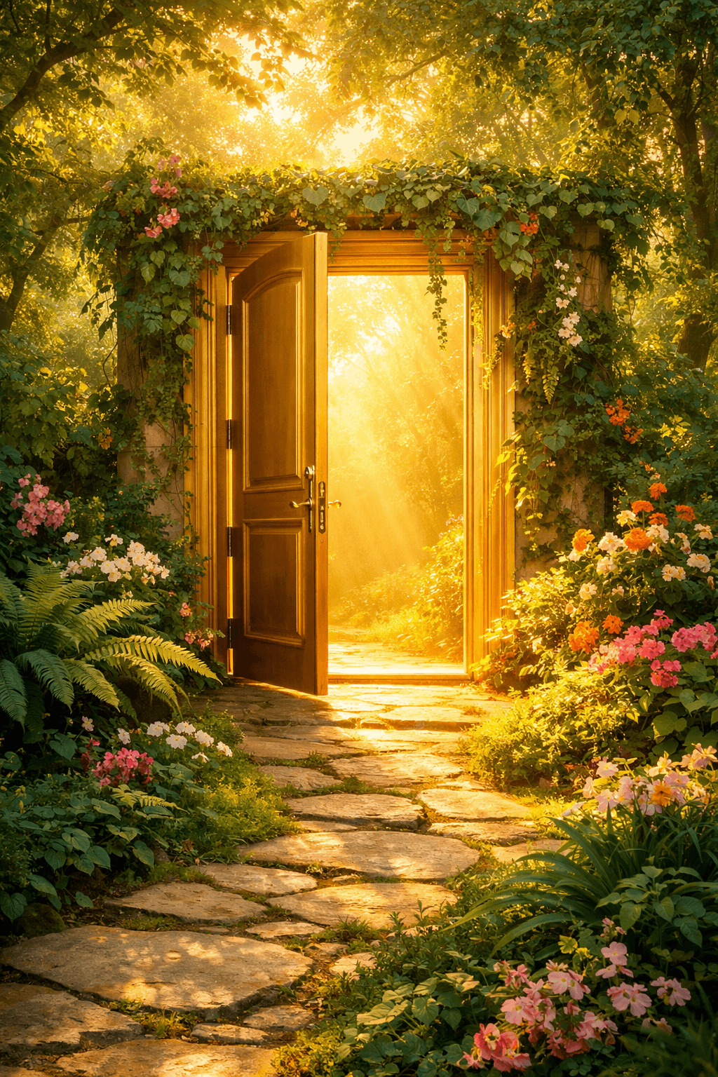 Single golden door opening in vast darkness