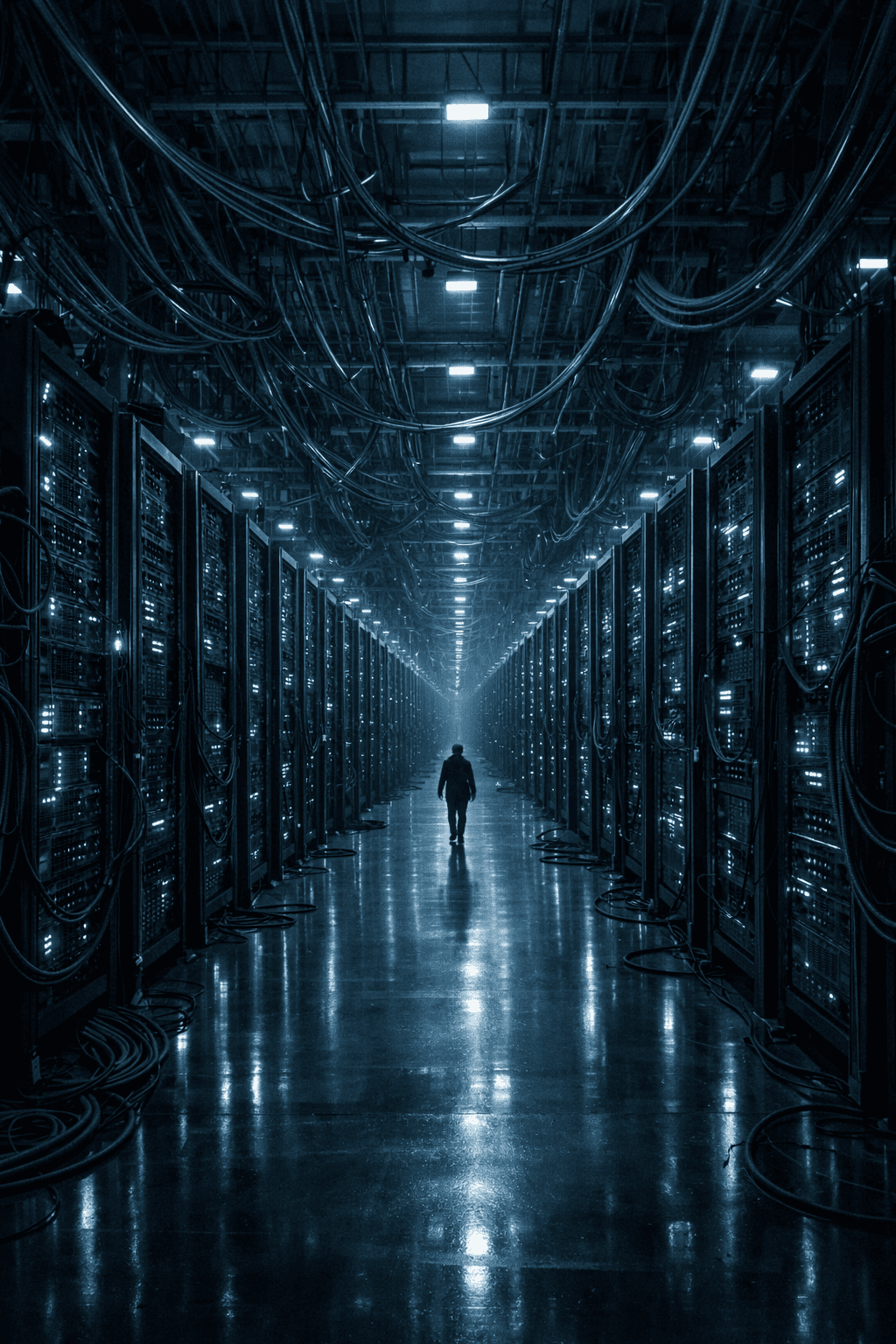 Cold blue data center stretching to infinity with a tiny human figure