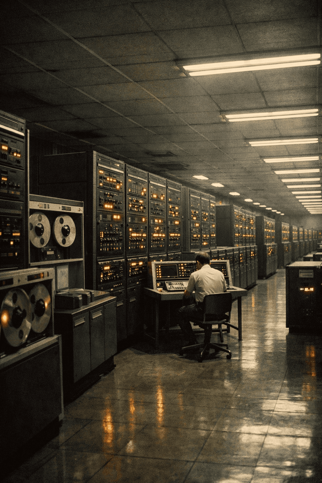 1960s mainframe computer room with a lone operator