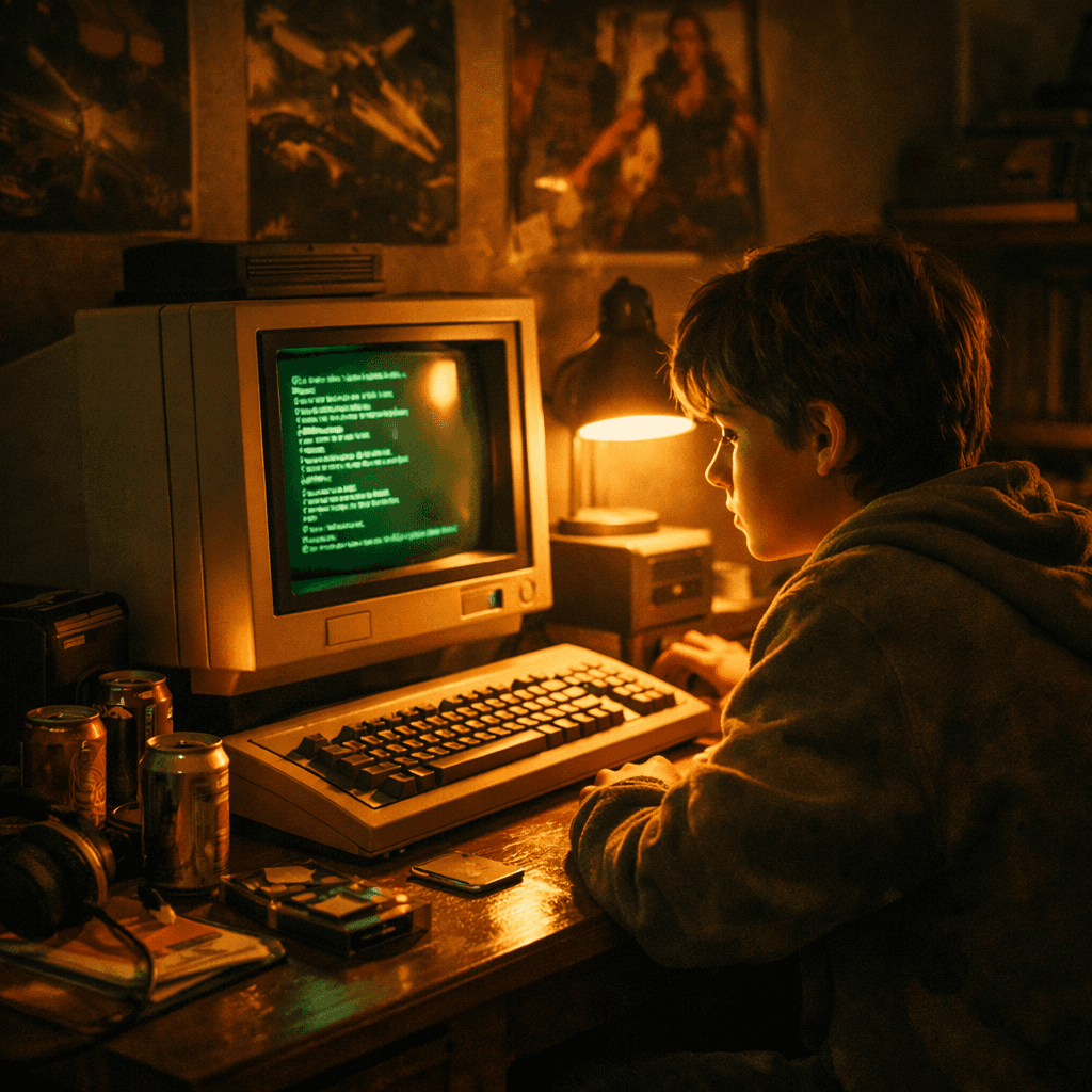 Kid in a bedroom with a glowing CRT personal computer